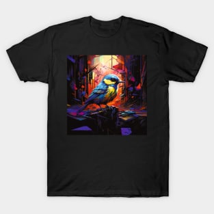 Blue Tit in a Dystopian Cityscape T-Shirt